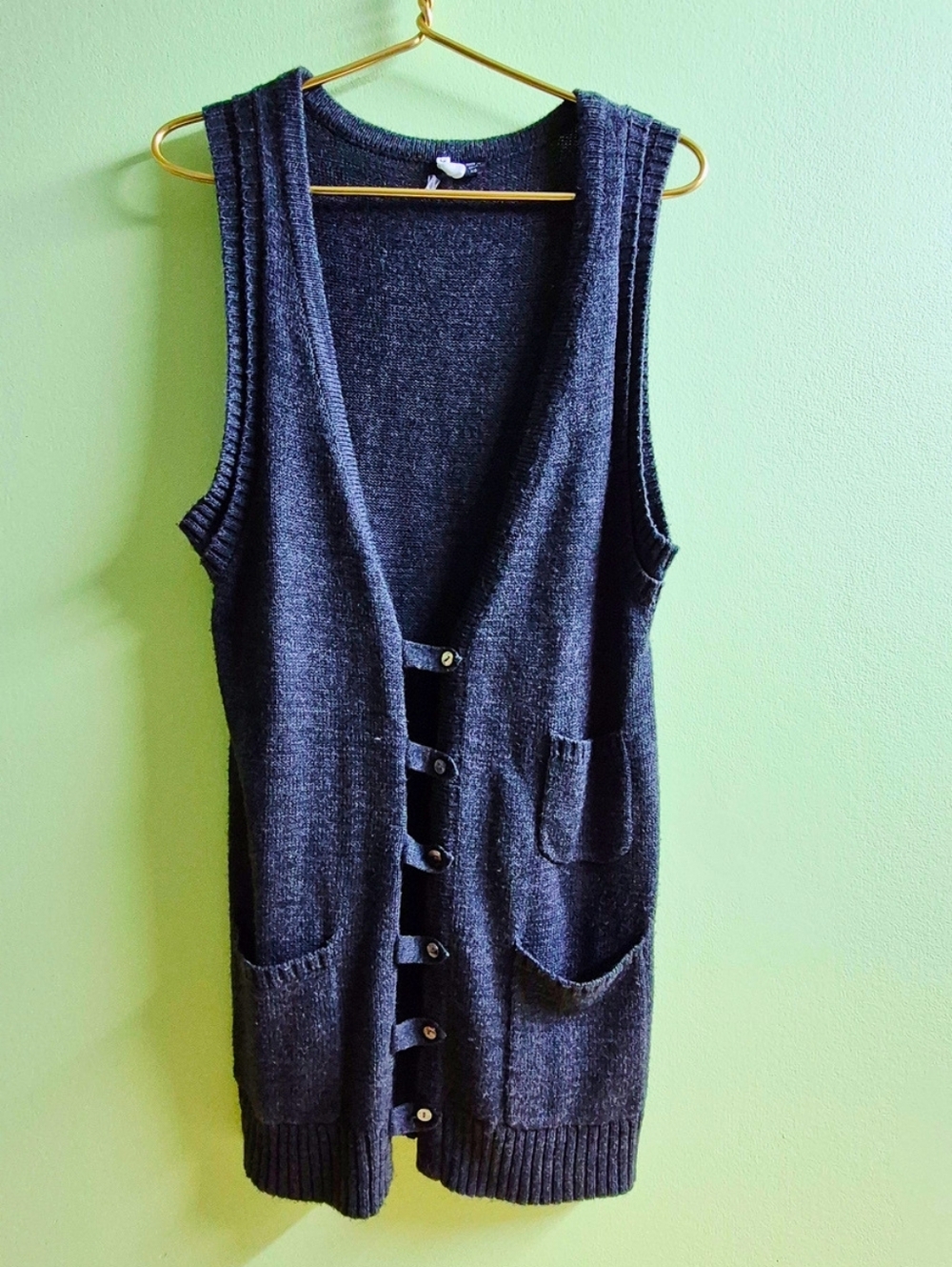 Dark Gray Sleeveless Button Front Knit Vest